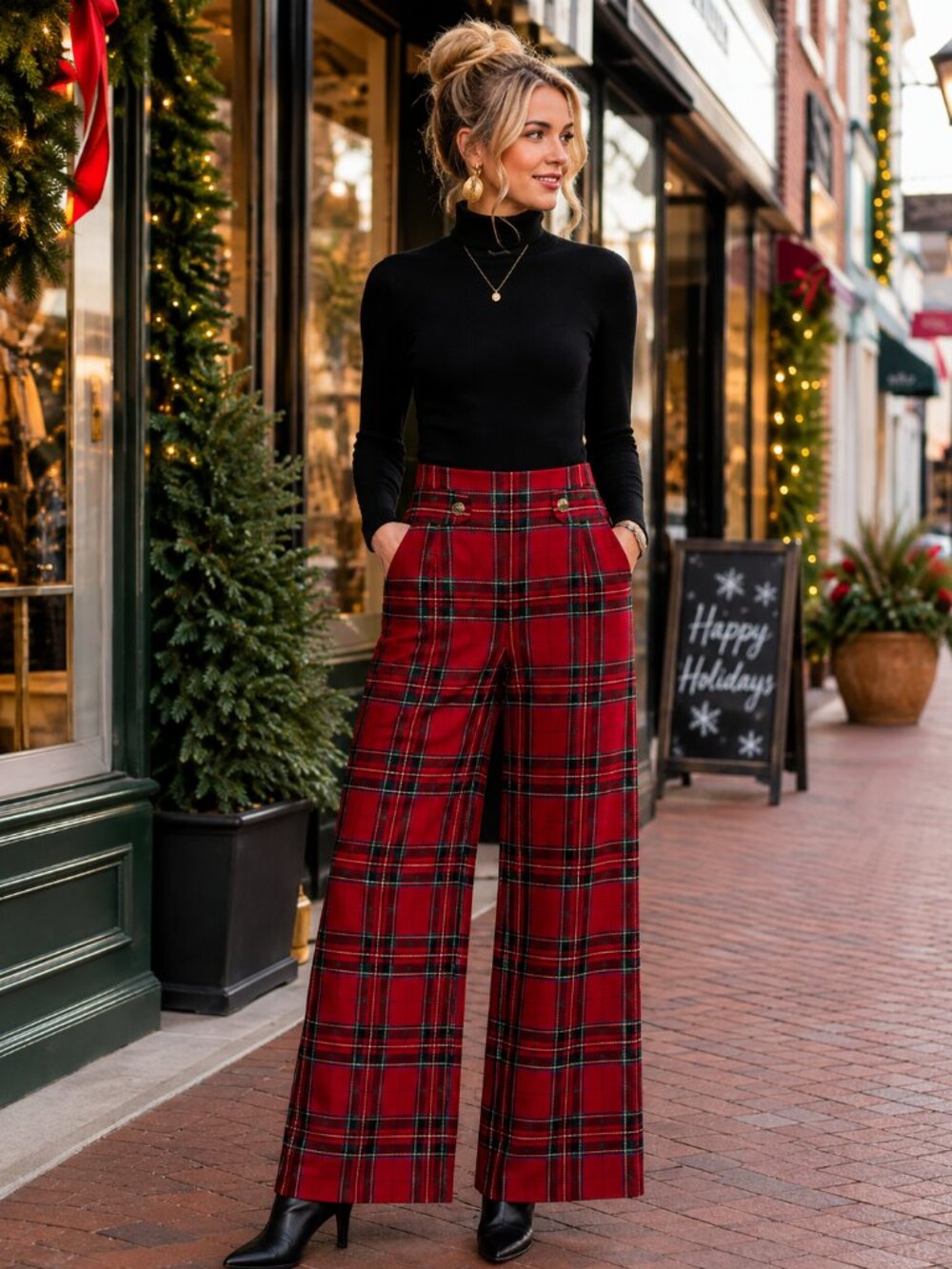 Cato Red Tartan Plaid Wide Leg Pants Gold Button 8P Petite